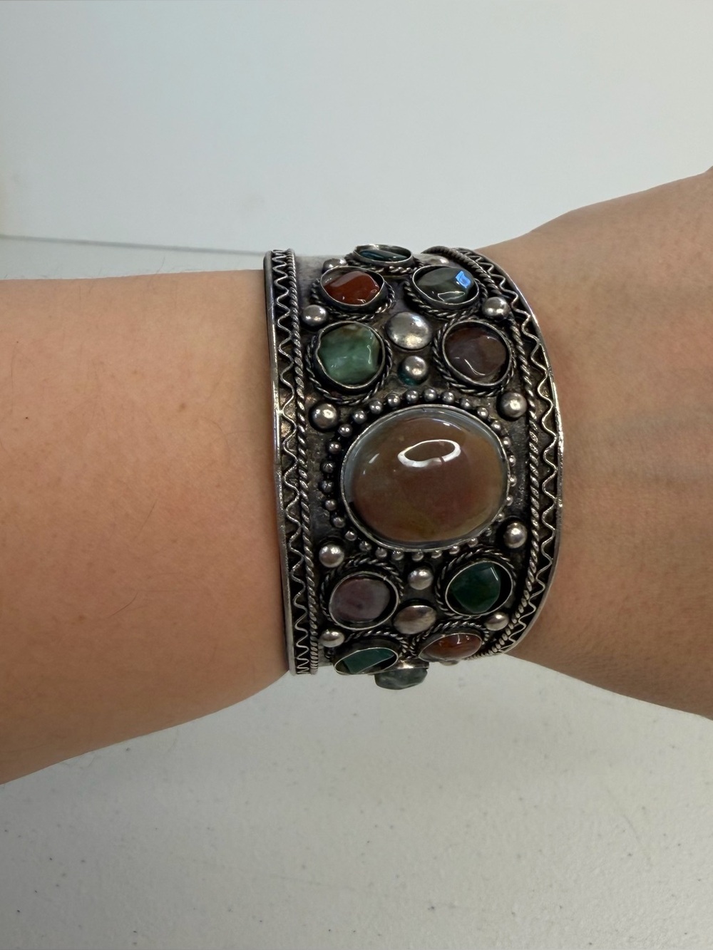 Vintage Silver Tone Stone Cuff Bracelet Boho Statement Wide Tribal 1990s Gothic